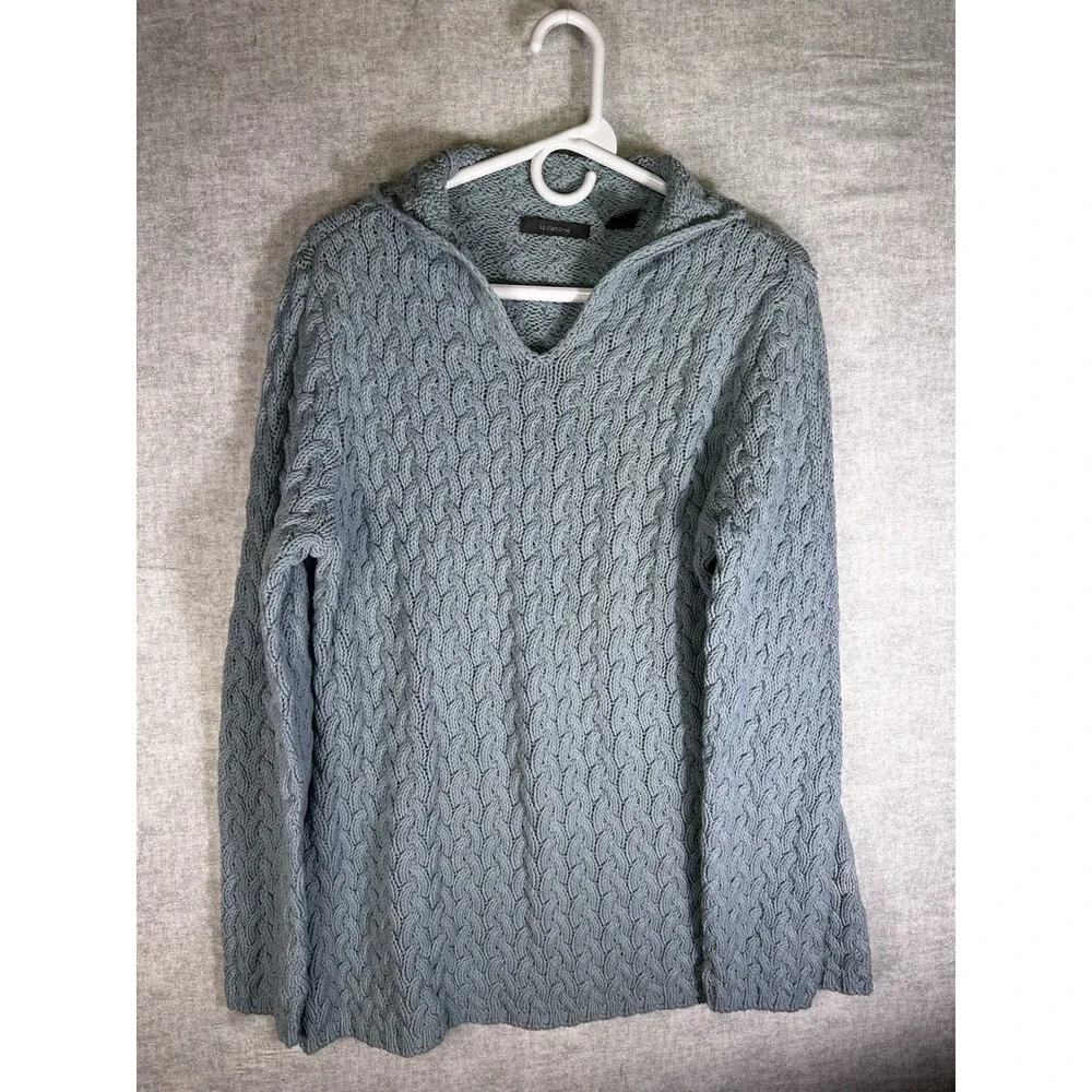 Womens Liz Claiborne Sky Blue Cable Knit Chunky Sweater Size Large V neck Granny